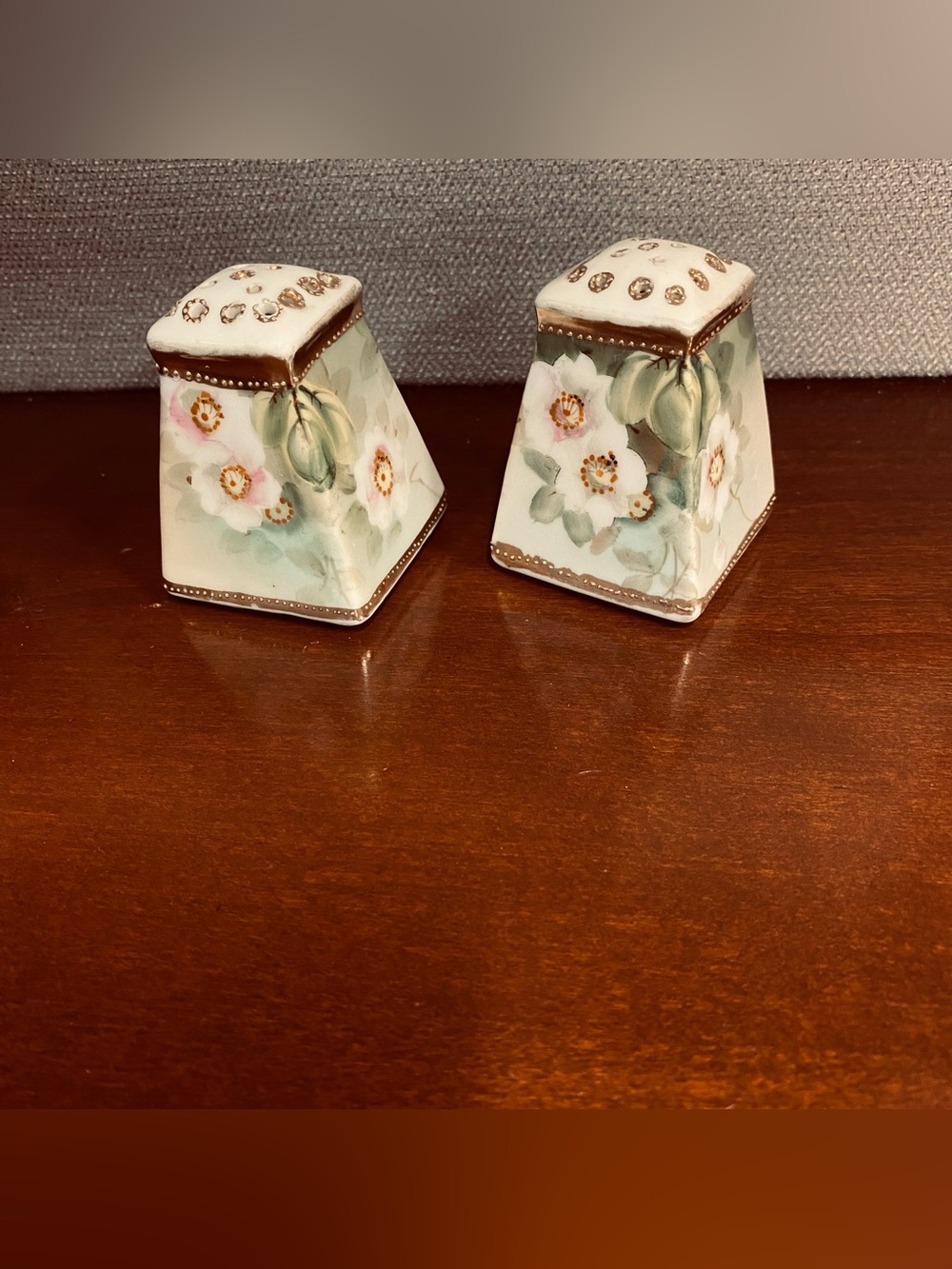Vintage Hand-Painted Floral Porcelain Salt and Pepper Shakers - White Green Gold